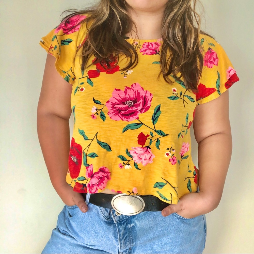 yellow floral flutter sleeve top